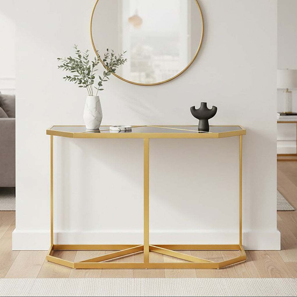 Black Tempered Glass Top Console Table with Gold Finish Stainless Steel Frame, Horizon