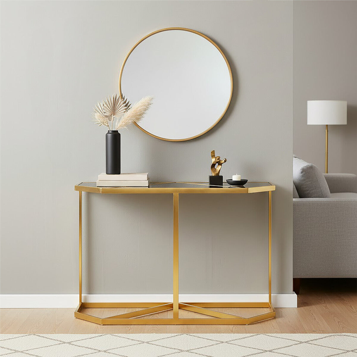 Black Tempered Glass Top Console Table with Gold Finish Stainless Steel Frame, Horizon
