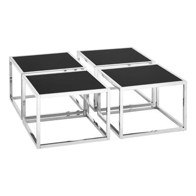 Black Tempered Glass Top and Silver Stainless Steel Frame Coffee Table with 4 Nesting Stools, Horizon
