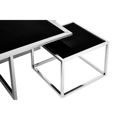 Black Tempered Glass Top and Silver Stainless Steel Frame Coffee Table with 4 Nesting Stools, Horizon