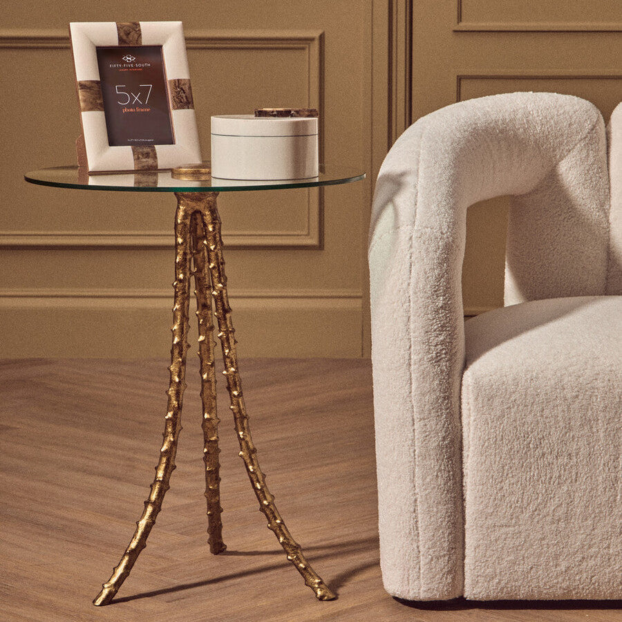 Gold Large Round Side Table with Glass Top, Sika