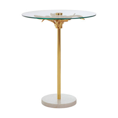 Small Round Side Table with Glass Top and Leaf Detailing, Sika