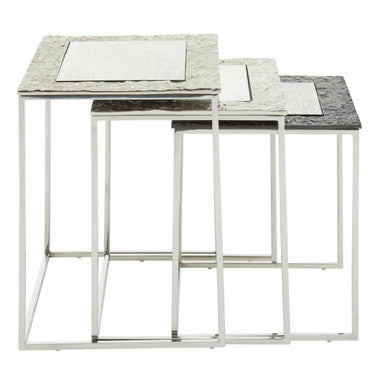 Antique Glass Top Rectangular Set of 3 Nesting Side Tables with Nickel and Gunmetal Frame, Akola