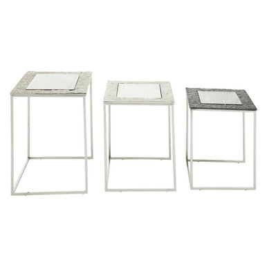 Antique Glass Top Rectangular Set of 3 Nesting Side Tables with Nickel and Gunmetal Frame, Akola