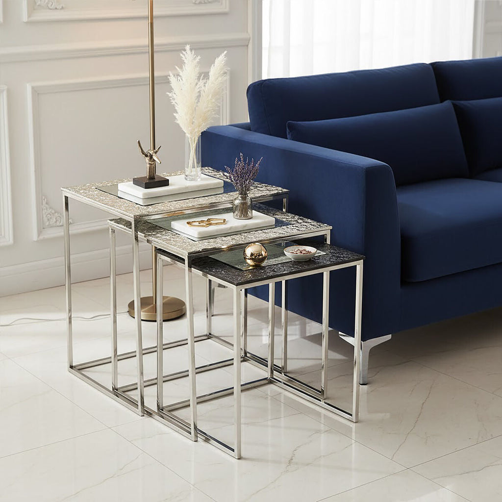 Akola Silver Metal and Glass Set of 3 Nesting Tables