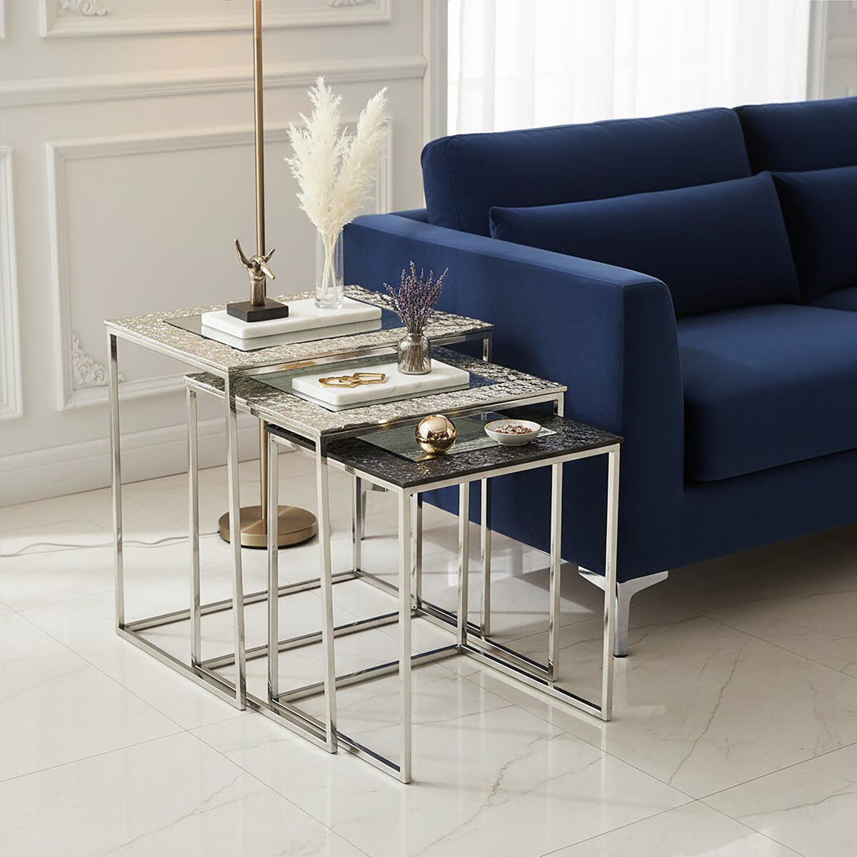 Antique Glass Top Rectangular Set of 3 Nesting Side Tables with Nickel and Gunmetal Frame, Akola