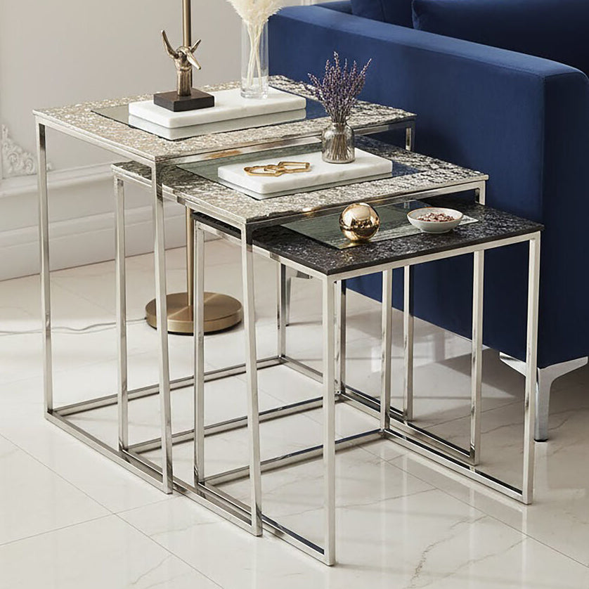 Antique Glass Top Rectangular Set of 3 Nesting Side Tables with Nickel and Gunmetal Frame, Akola