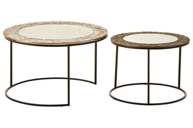 Antiqued Glass Tops Set of 2 Round Nesting Coffee Tables with Black Metal Frame, Akola