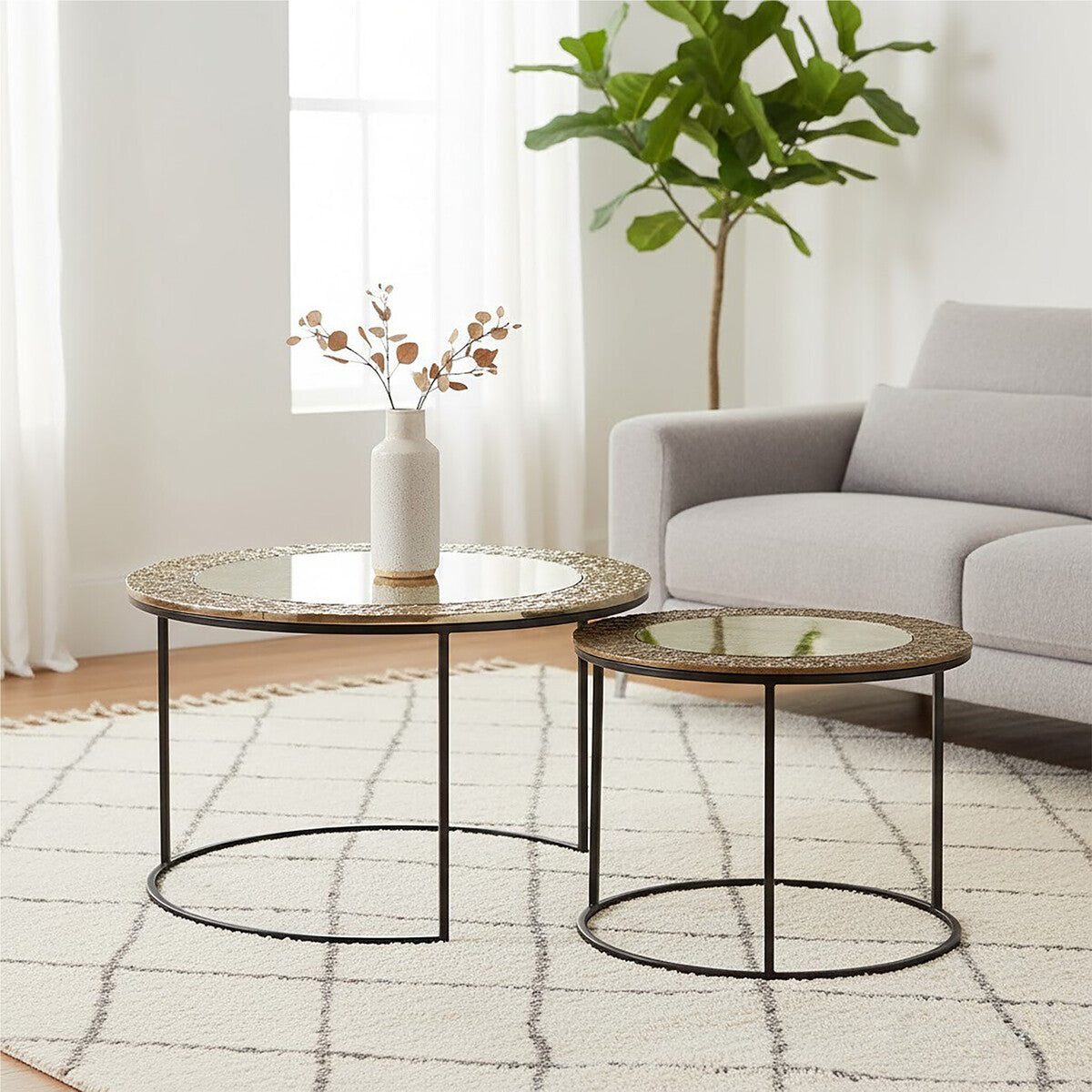 Antiqued Glass Tops Set of 2 Round Nesting Coffee Tables with Black Metal Frame, Akola
