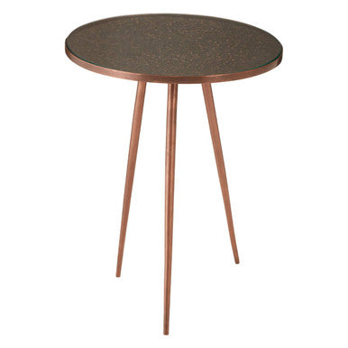 Tempered Glass Side Table with Antique Copper Finish Textured 3 Slim Legs, Akola