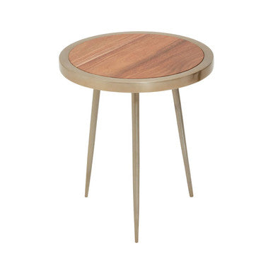 Natural Acacia Wood Small Round Side Table with Gold Aluminium Border and Legs, Almora