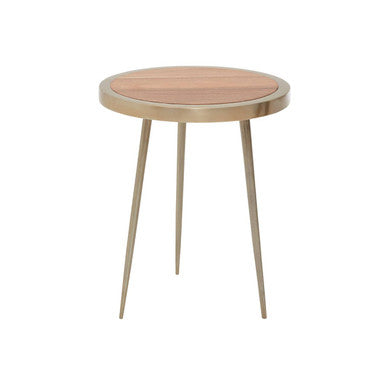 Natural Acacia Wood Small Round Side Table with Gold Aluminium Border and Legs, Almora