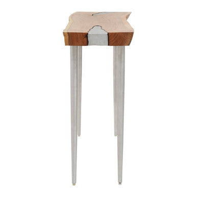 Rustic Natural Acacia Wood Console Table with Silver Aluminium Inlay Frame, Almora