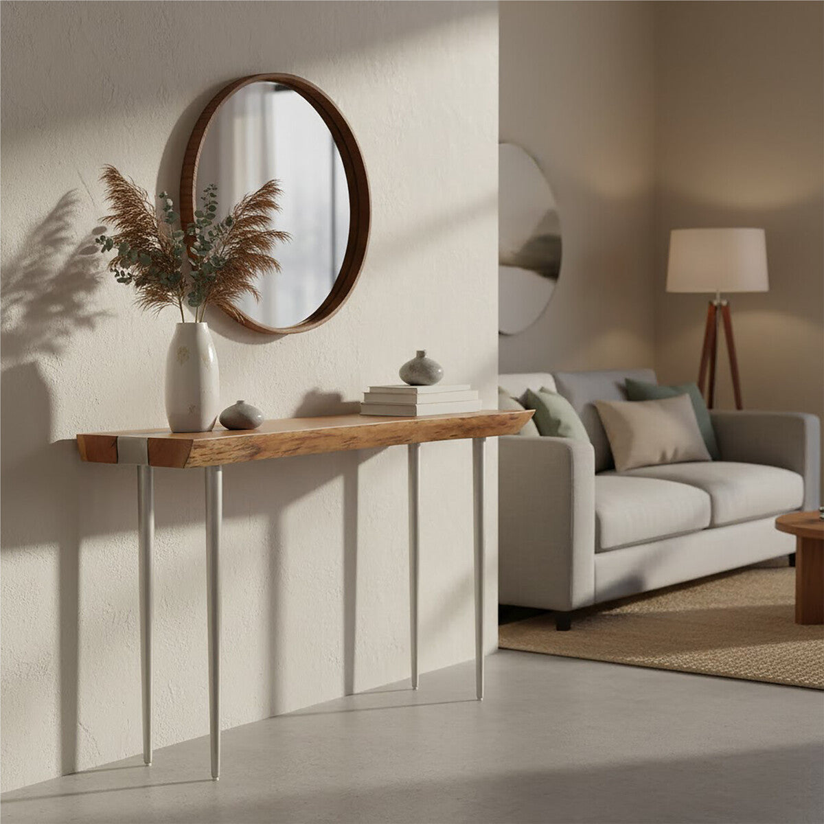 Rustic Natural Acacia Wood Console Table with Silver Aluminium Inlay Frame, Almora