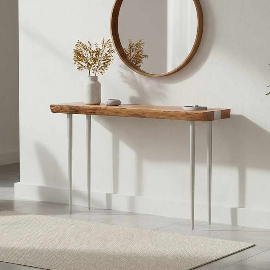 Rustic Natural Acacia Wood Console Table with Silver Aluminium Inlay Frame, Almora