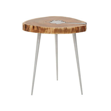 Natural Acacia Wood Slice Side Table with Silver Metallic Centre and Aluminium Legs, Almora