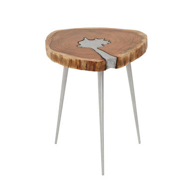 Natural Acacia Wood Slice Side Table with Silver Metallic Centre and Aluminium Legs, Almora