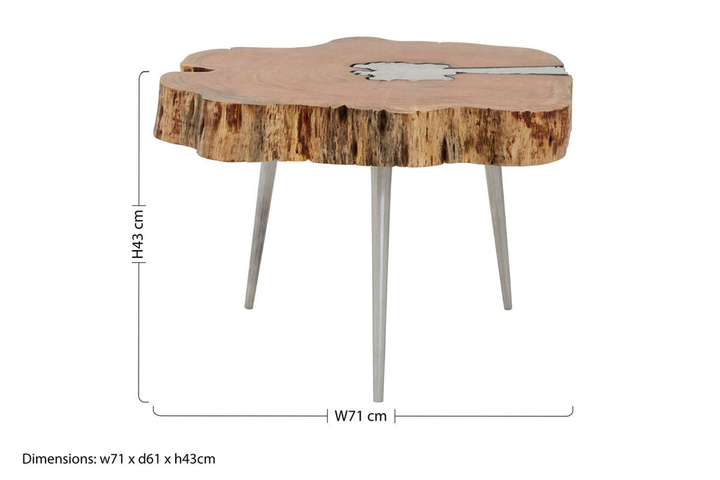 Almora Natural Acacia Wood Log Coffee Table with Silver Aluminium Legs