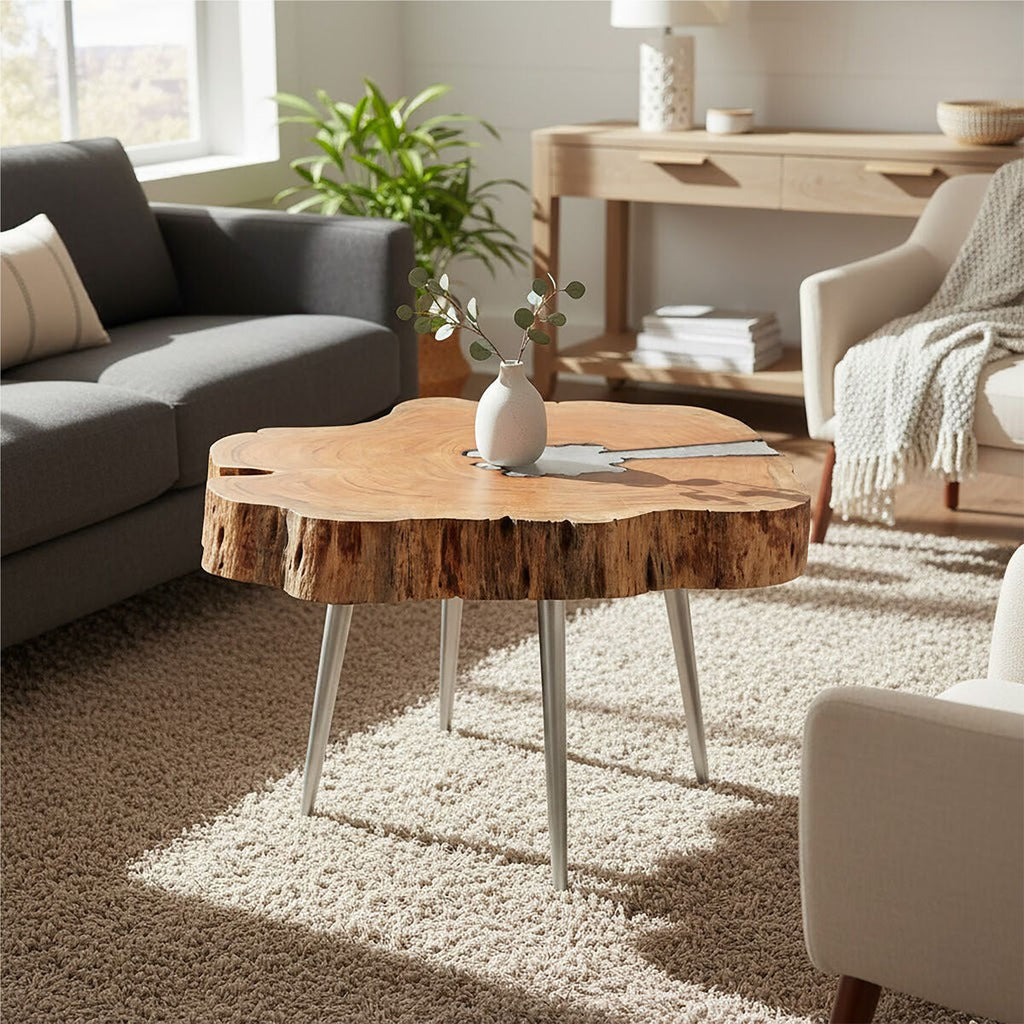 Almora Natural Acacia Wood Log Coffee Table with Silver Aluminium Legs