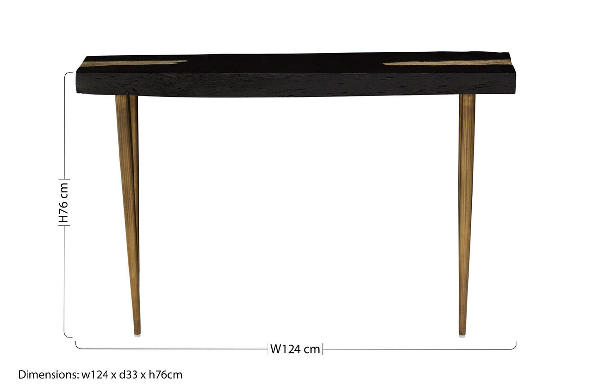 Black Acacia Wood Console Table with Gold Aluminium Filling Detail and Gold Metal Legs, Asamra