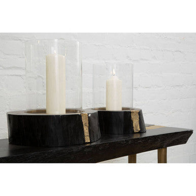 Black Acacia Wood Console Table with Gold Aluminium Filling Detail and Gold Metal Legs, Asamra