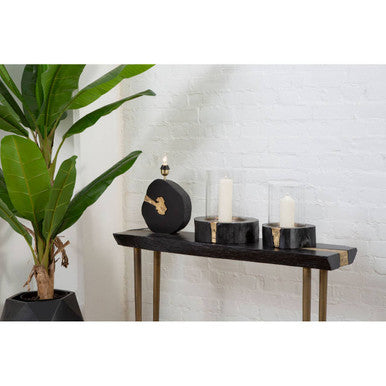 Black Acacia Wood Console Table with Gold Aluminium Filling Detail and Gold Metal Legs, Asamra