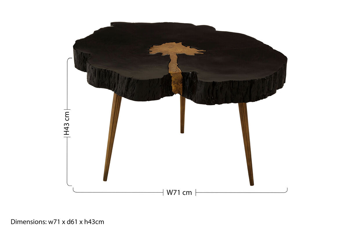 Black Acacia wood Slice Side Table with Gold Metallic Centre and Aluminium Legs, Asamra