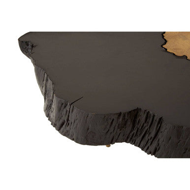 Black Acacia wood Slice Side Table with Gold Metallic Centre and Aluminium Legs, Asamra