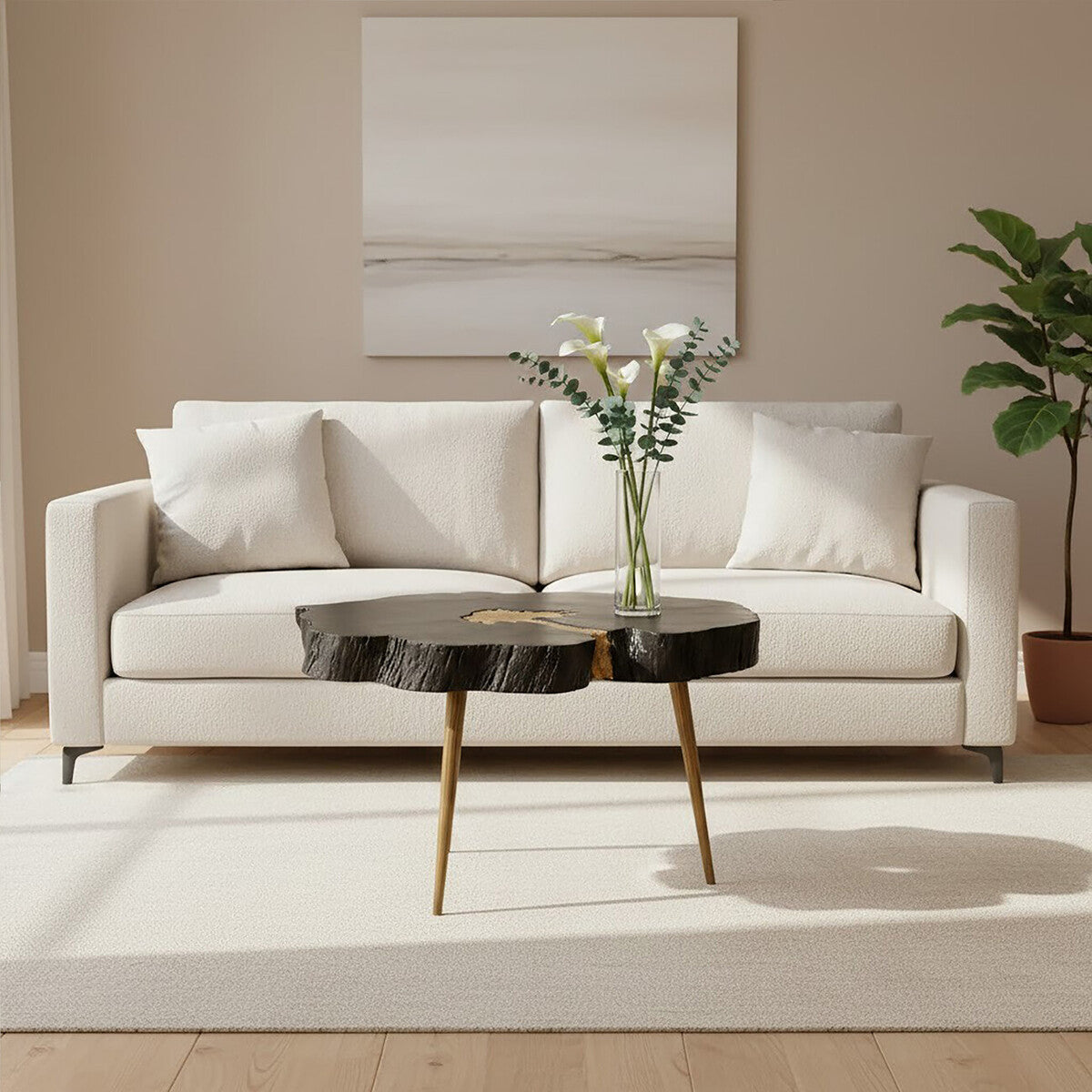 Black Acacia wood Slice Side Table with Gold Metallic Centre and Aluminium Legs, Asamra