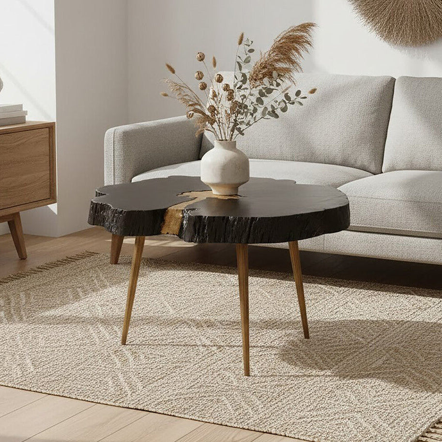 Black Acacia wood Slice Side Table with Gold Metallic Centre and Aluminium Legs, Asamra