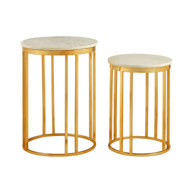 Set of 2 Round White Marble Tops Side Tables with Rich Gold Metal Frame, Templar