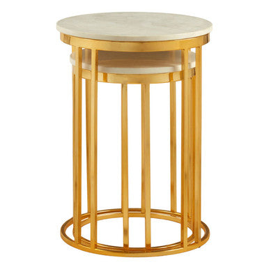 Set of 2 Round White Marble Tops Side Tables with Rich Gold Metal Frame, Templar