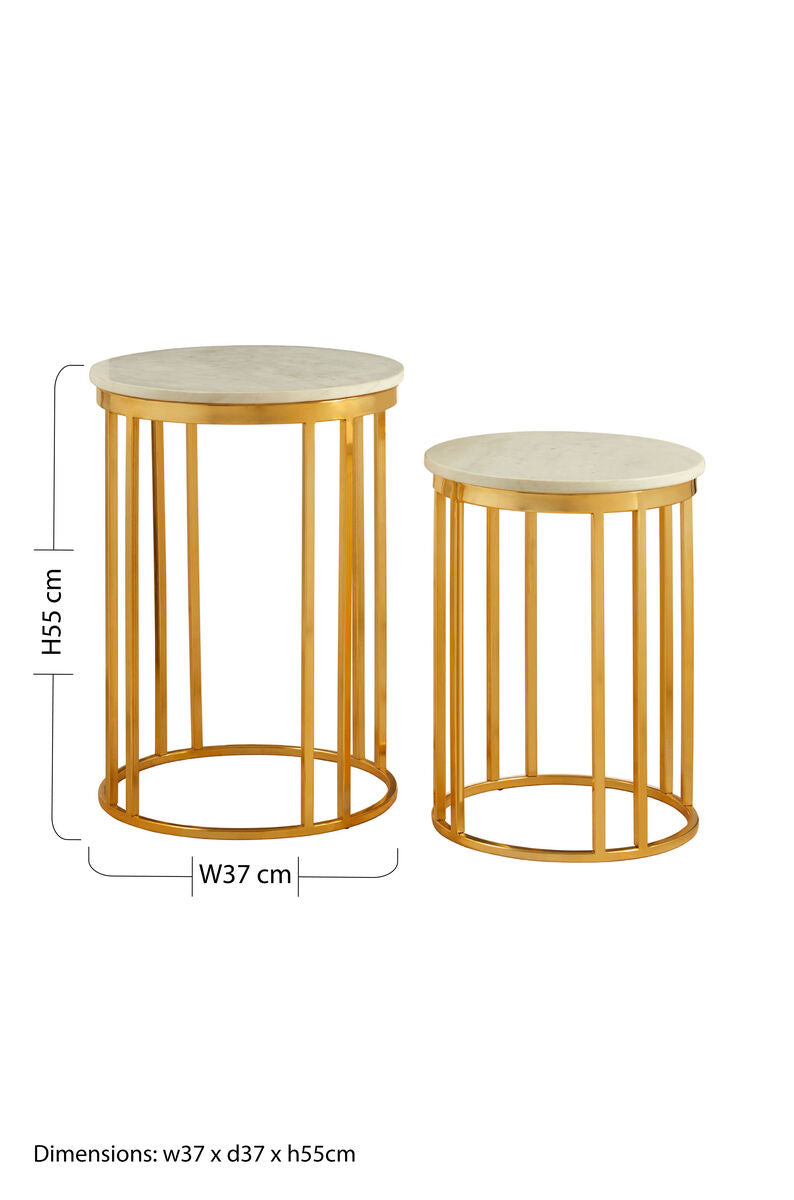 Set of 2 Round White Marble Tops Side Tables with Rich Gold Metal Frame, Templar