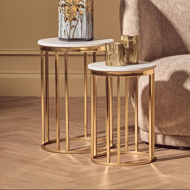 Set of 2 Round White Marble Tops Side Tables with Rich Gold Metal Frame, Templar
