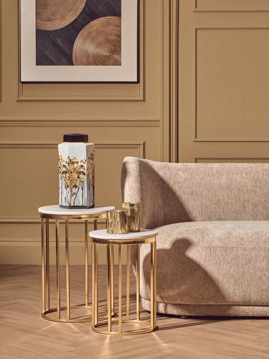 Set of 2 Round White Marble Tops Side Tables with Rich Gold Metal Frame, Templar