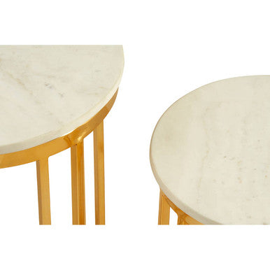 Set of 2 Round White Marble Tops Side Tables with Rich Gold Metal Frame, Templar