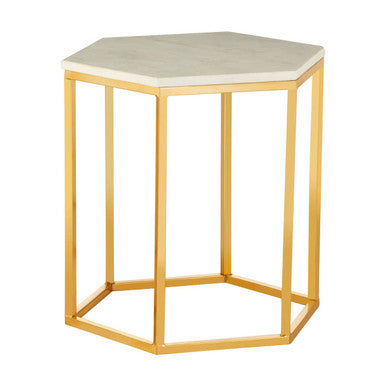 White Marble Tops Hexagonal Side Tables with Gold Finish Metal Frame, Templar