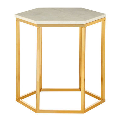 White Marble Tops Hexagonal Side Tables with Gold Finish Metal Frame, Templar