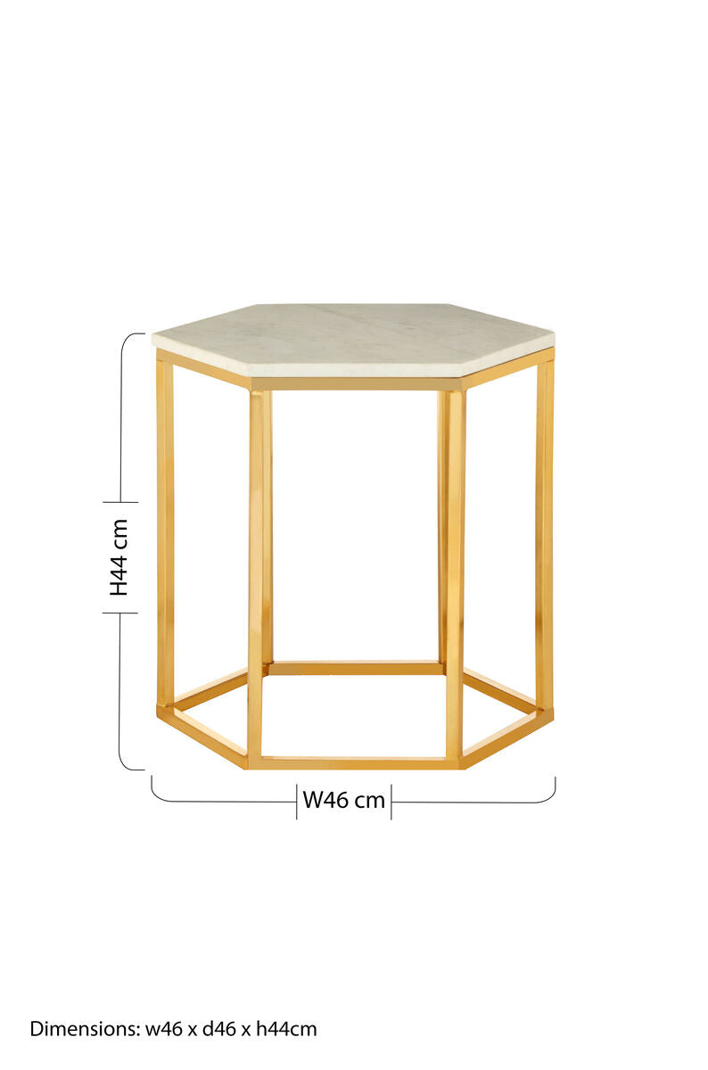 White Marble Tops Hexagonal Side Tables with Gold Finish Metal Frame, Templar