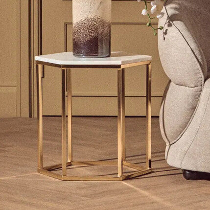 White Marble Tops Hexagonal Side Tables with Gold Finish Metal Frame, Templar