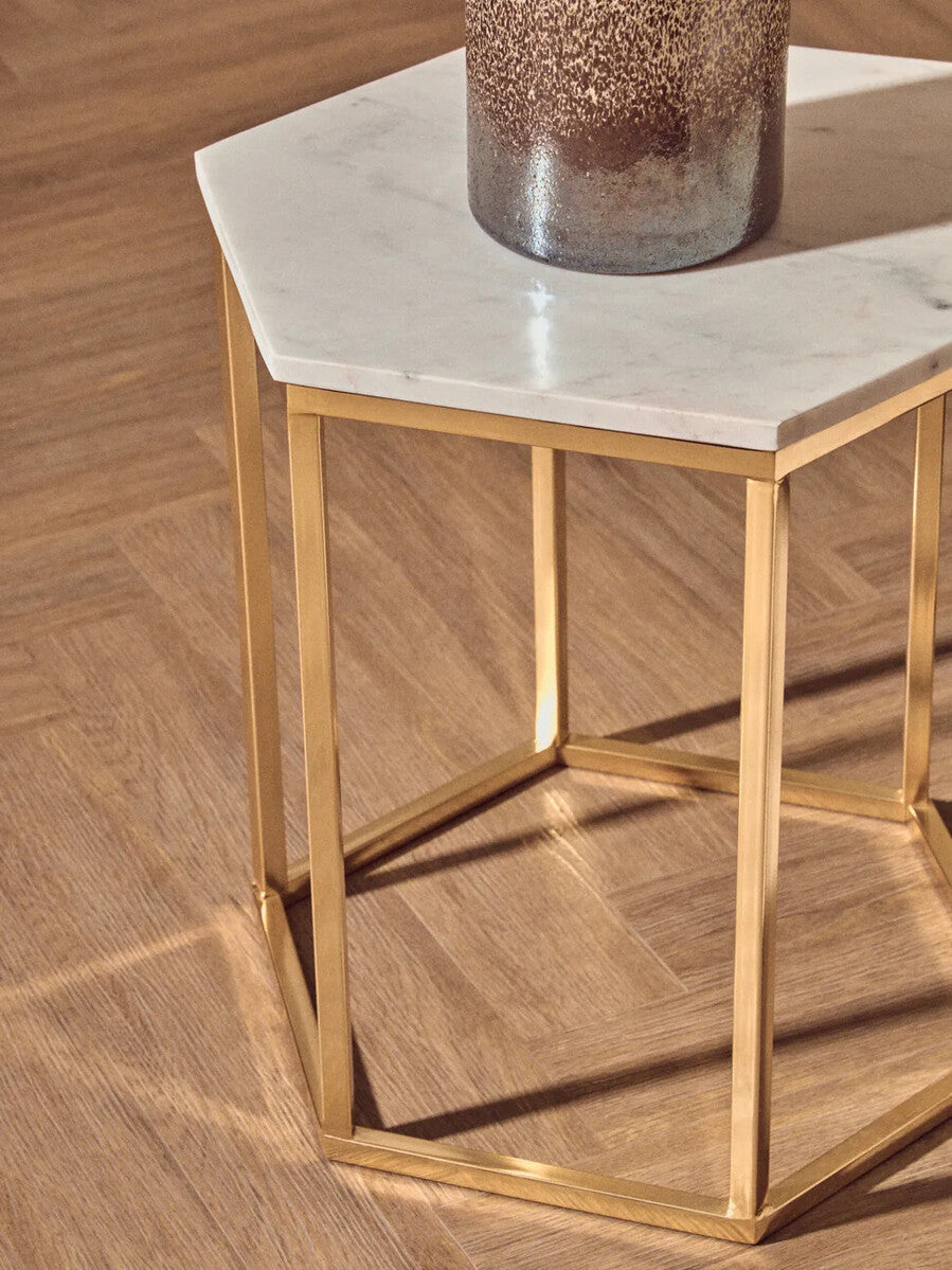 White Marble Tops Hexagonal Side Tables with Gold Finish Metal Frame, Templar