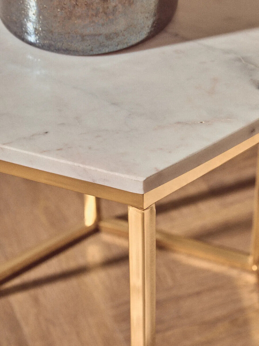 White Marble Tops Hexagonal Side Tables with Gold Finish Metal Frame, Templar