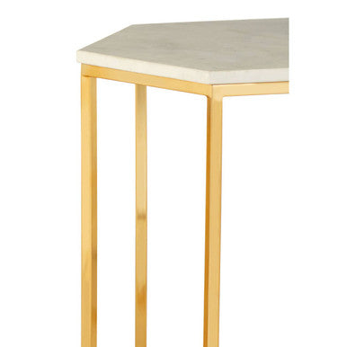 White Marble Tops Hexagonal Side Tables with Gold Finish Metal Frame, Templar