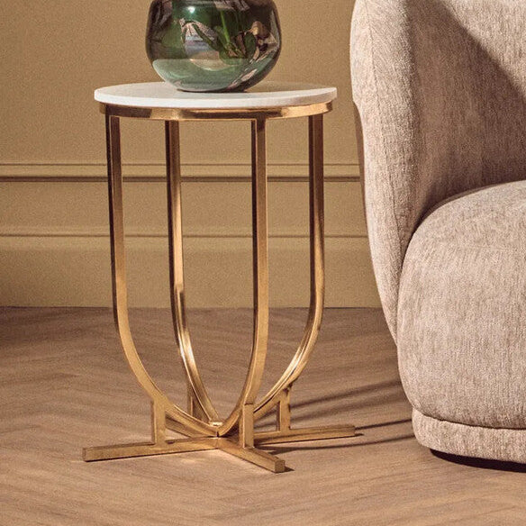 White Marble Tops Round Side Tables with Gold Finish Metal Frame, Templar