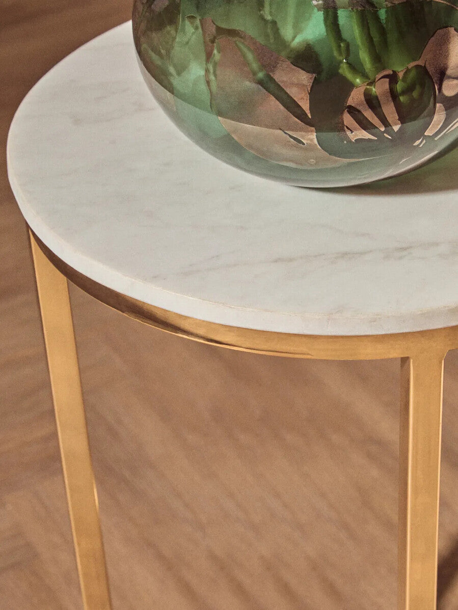 White Marble Tops Round Side Tables with Gold Finish Metal Frame, Templar