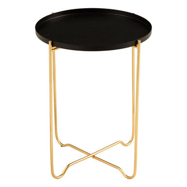 Black Finish Round Top Side Table with Gold Metal Frame and Cross Sledge Base, Templar