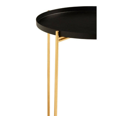 Black Finish Round Top Side Table with Gold Metal Frame and Cross Sledge Base, Templar