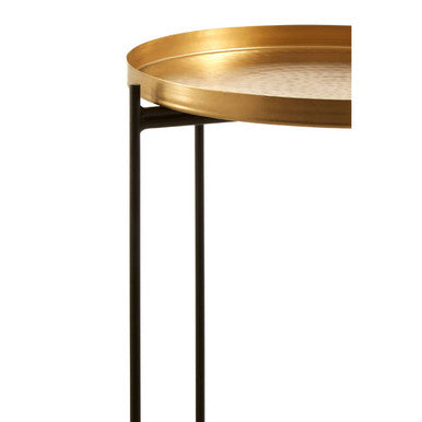 Gold Finish Round Top Side Table with Black Slim Metallic Frame and Intersecting Sledge Base, Templar