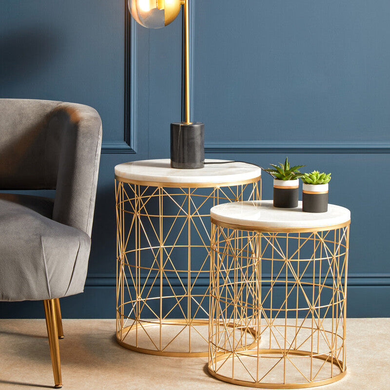 Set of 2 White Marble Top Round Side Tables with Gold Geometric Open Frame Bases, Avantis