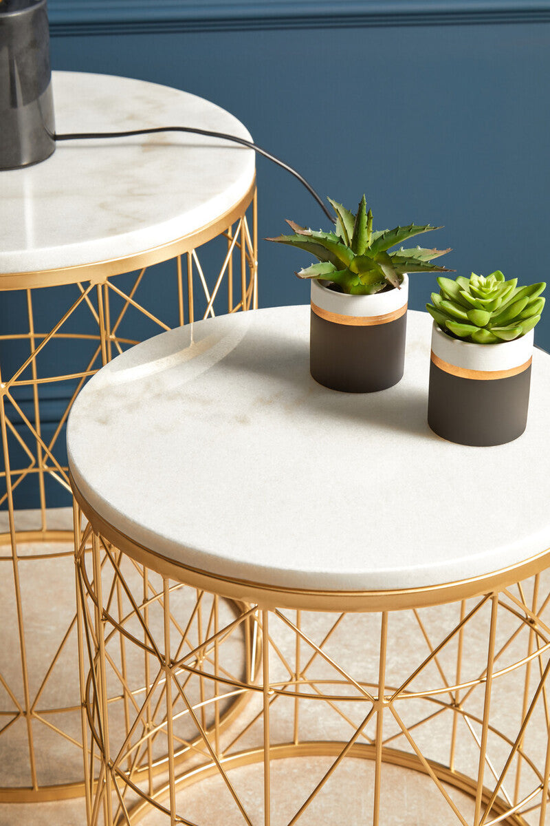 Set of 2 White Marble Top Round Side Tables with Gold Geometric Open Frame Bases, Avantis